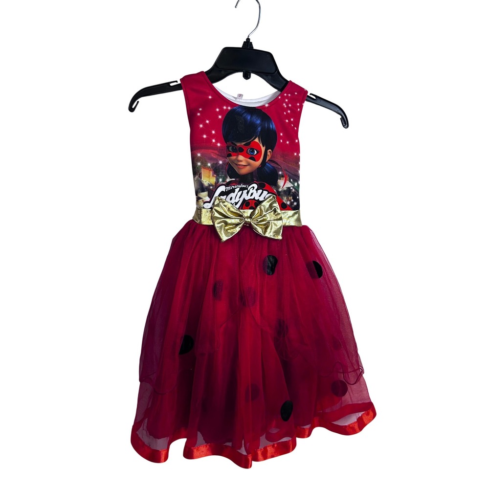 Miraculous Ladybug Dress Size 6 Red Tulle Polka Dot Gold Bow Kids
